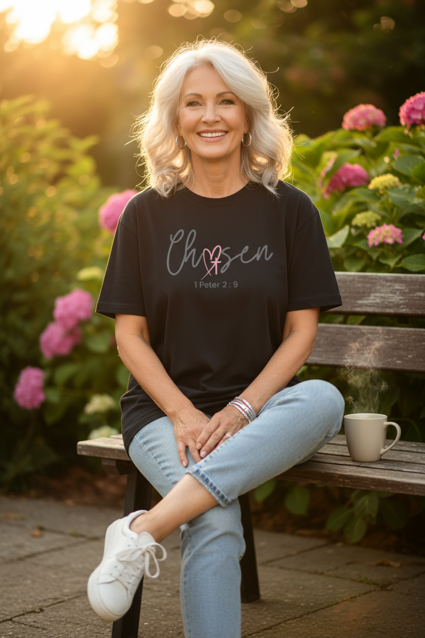 65-year-old white woman wearing Chosen Graphic Tee | 1 Peter 2:9