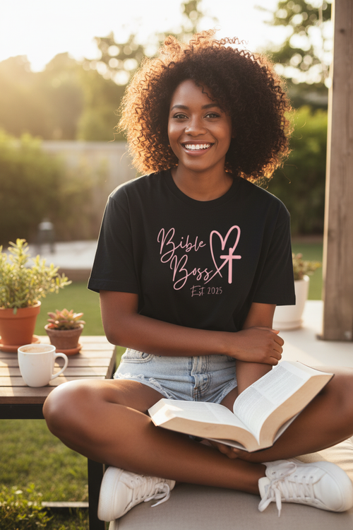 African American woman wearing Bible Boss Est. 2025 Graphic Tee
