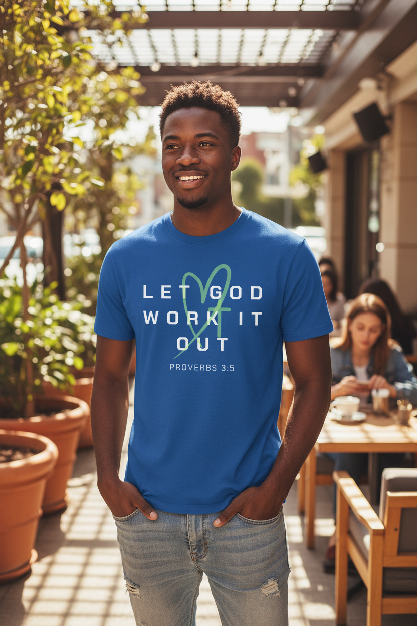 Young African man wearing Let God Work It Out Graphic Tee | Proverbs 3:5
