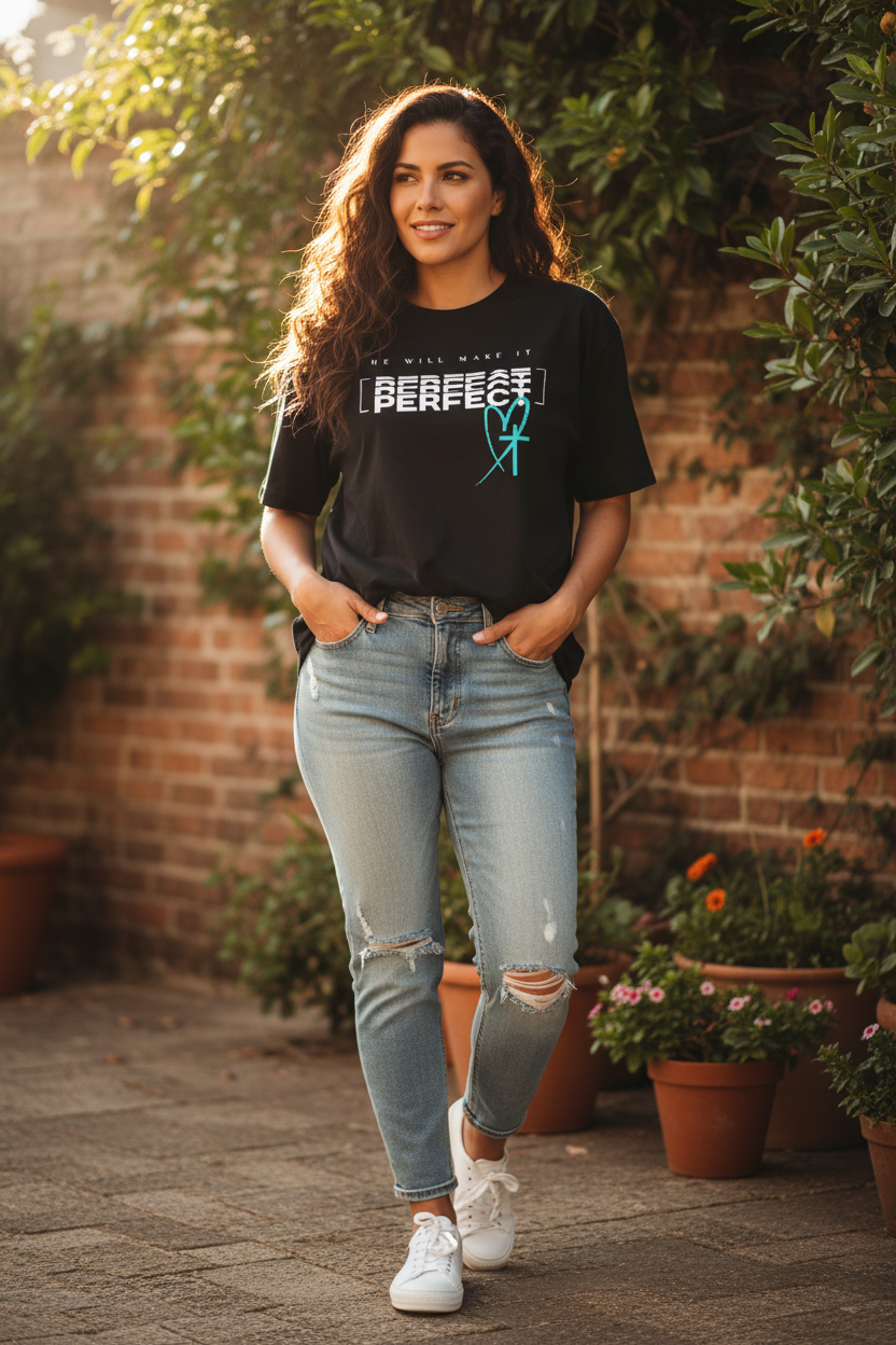 Hispanic woman wearing He Will Make It Perfect Graphic Tee