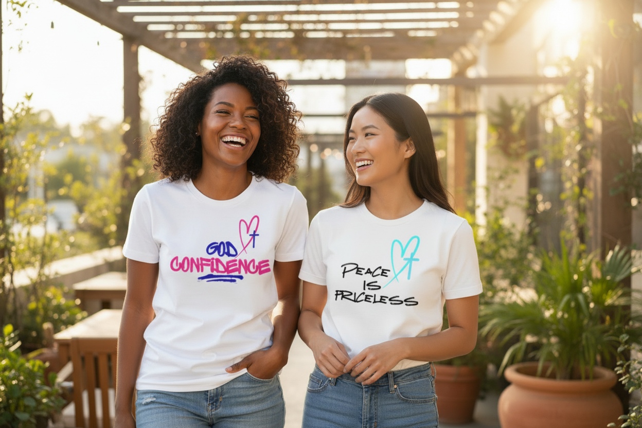 Lifestyle photo of 2 women in Christian graphic tees