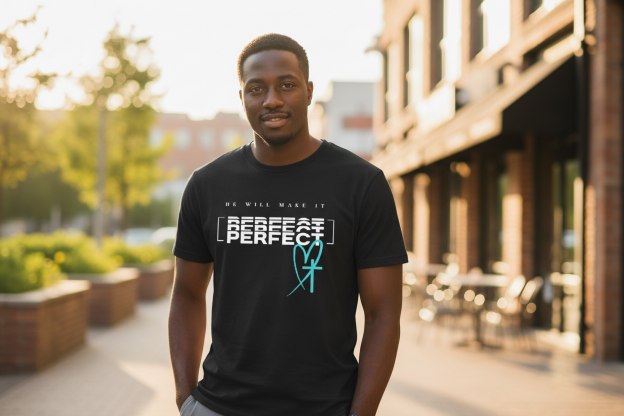Lifestyle photo of a Black man wearing He Will Make It Perfect tee