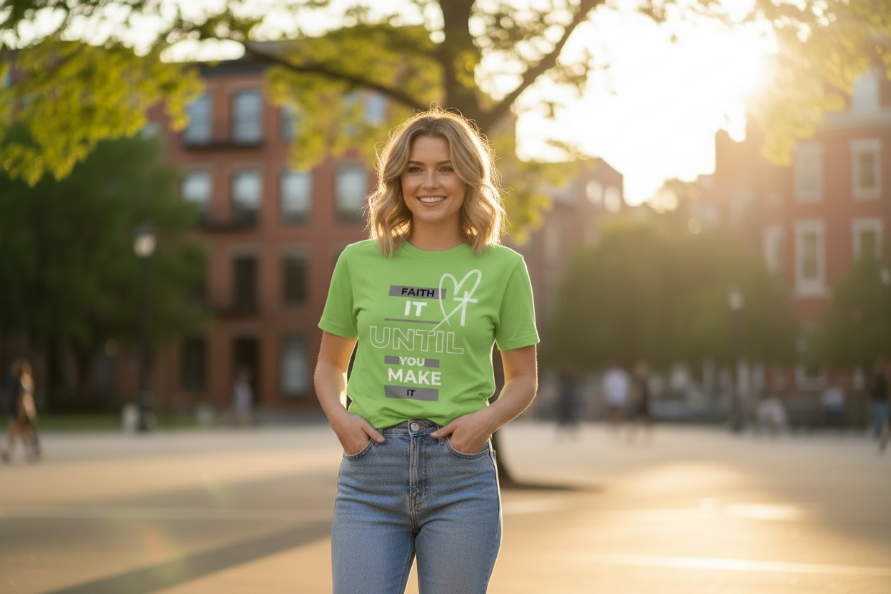 Lifestyle photo of a white woman wearing Faith It Until You Make It tee